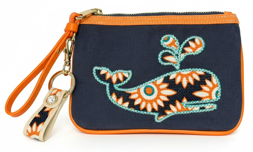Spartina 449 Navy Orange Whale Applique Wristlet Zip Clutch Wallet & Key Ring